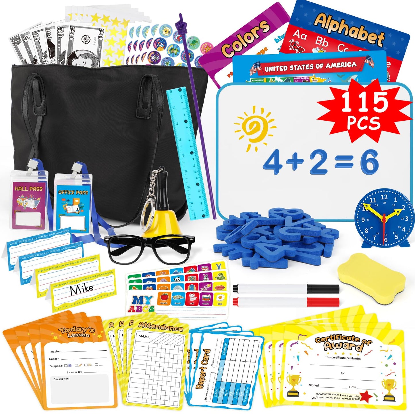 Edulok 115 PCS Pretend Play Teacher Set for Kids, with Magnetic Numbers, Bell, Money Games, Alphabet Posters, USA Maps, Learning Education Toys Kindergarten Classroom School Supplies Toys Playset Kit