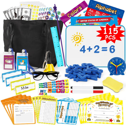 Edulok 115 PCS Pretend Play Teacher Set for Kids, with Magnetic Numbers, Bell, Money Games, Alphabet Posters, USA Maps, Learning Education Toys Kindergarten Classroom School Supplies Toys Playset Kit