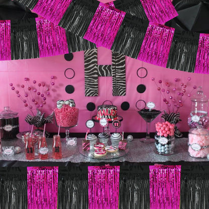 BEISHIDA 3 Packs Metallic Foil Fringe Garland Black Hot Pink Wall Hanging Tinsel Fringe Banners for Car Floats Bridal Shower Wedding Birthday Graduation Holiday Party Decoration(30 Feet)