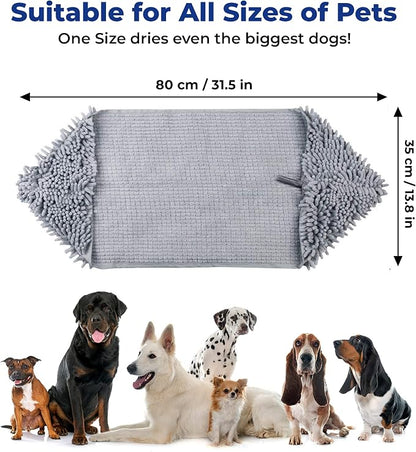 Muddy Mat Doggy Dryer, Highly Absorbent Microfiber Washable Dog Shammy Quick Drying Towel Absorber - Extra Soft Plush Wrap Chenille Bath Towels to Dry Soggy Large Pets & Small Puppy-Grey 13"x31"