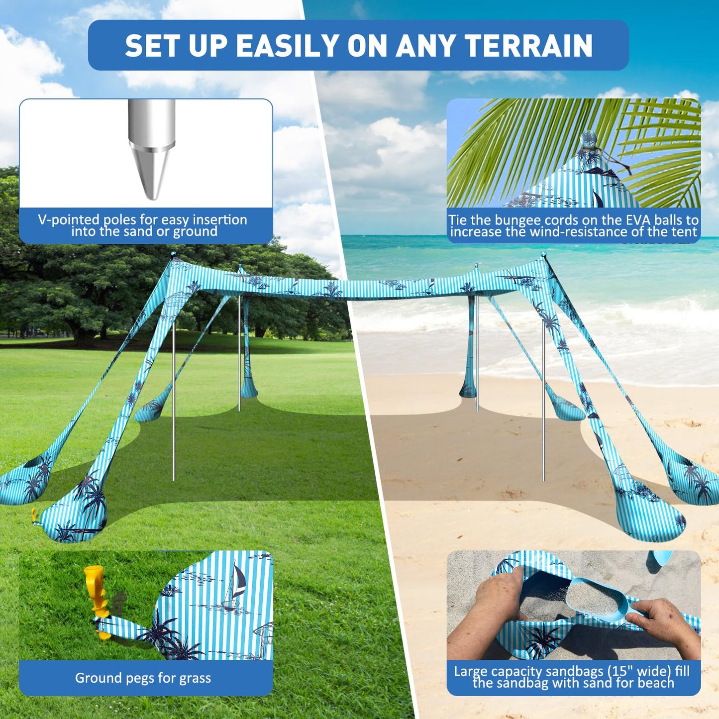 Wabolay Beach Tent Canopy Pop Up Shade 10x10ft Sun Shelter Portable Family UPF50+ with 8 Sandbags-2 Sand Shovel-4 Aluminum Poles-Ground Pegs-Carrying Bag for Outdoor Camping Fishing Backyard Picnic