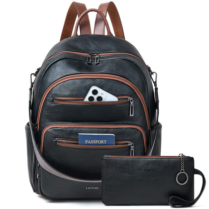 LATMAP Backpack Purse for Women Laptop Backpack, Leather Travel Backpack Shoulder Bag Teacher College Daypack Work Handbag fits 14" Laptop-Black with Brown