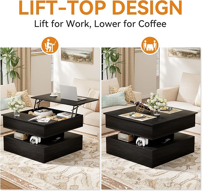FABATO Lift Top Coffee Table with Storage and Hidden Compartment, Wood Square Coffee Table for Living Room,31.5'' Small Center Table with Open Display Shelf for Dining Reception Room, Black