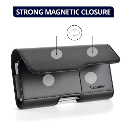 Stronden Magnetic Closure Holster for iPhone 17 Pro, 17e, 17, 16 Pro, 16e, 16, 15 Pro, 15, 14 Pro, 14, 13 Pro, 13, 12 Pro, 12, 11, XR - Leather Belt Case Pouch (Fits Slim/Regular Case on)