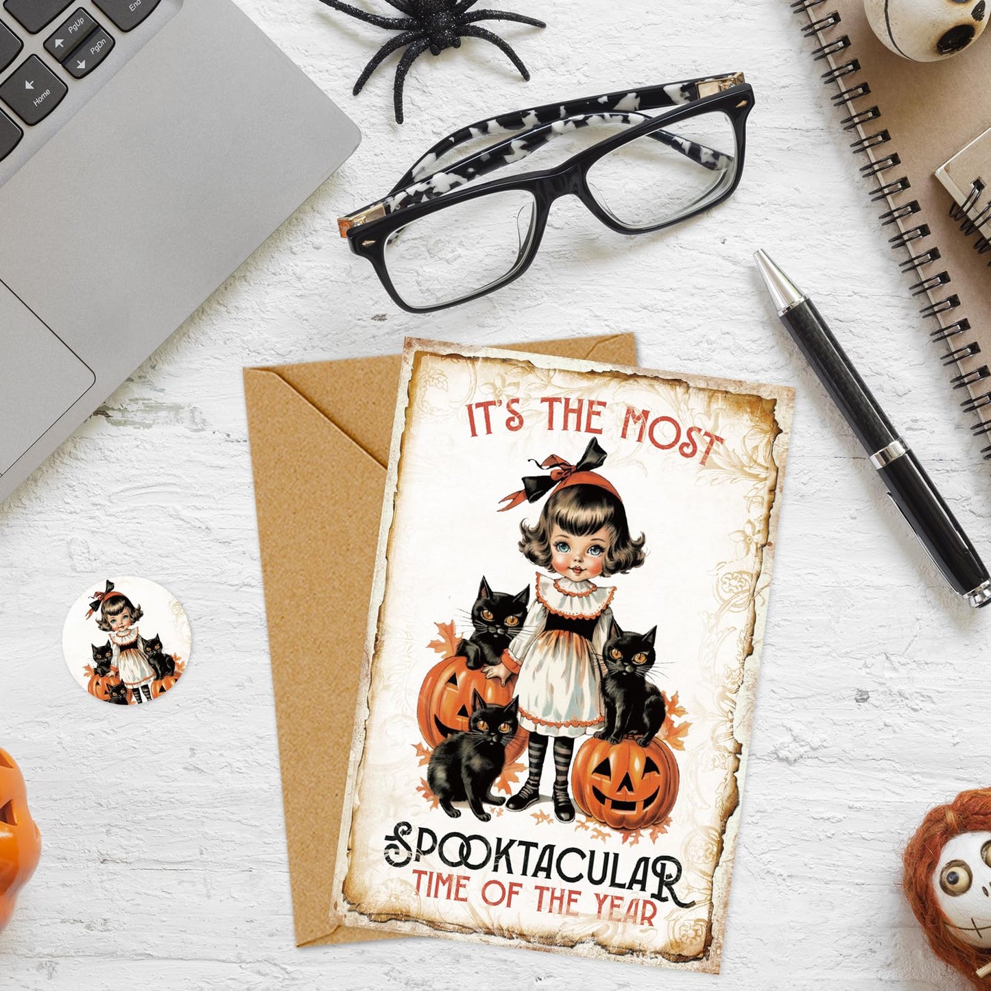 Whaline 40 Pack Vintage Halloween Greeting Cards with Envelopes Stickers Witch Black Cat Blank Note Cards for Trick or Treat Party Supplies, 4 x 6 Inch