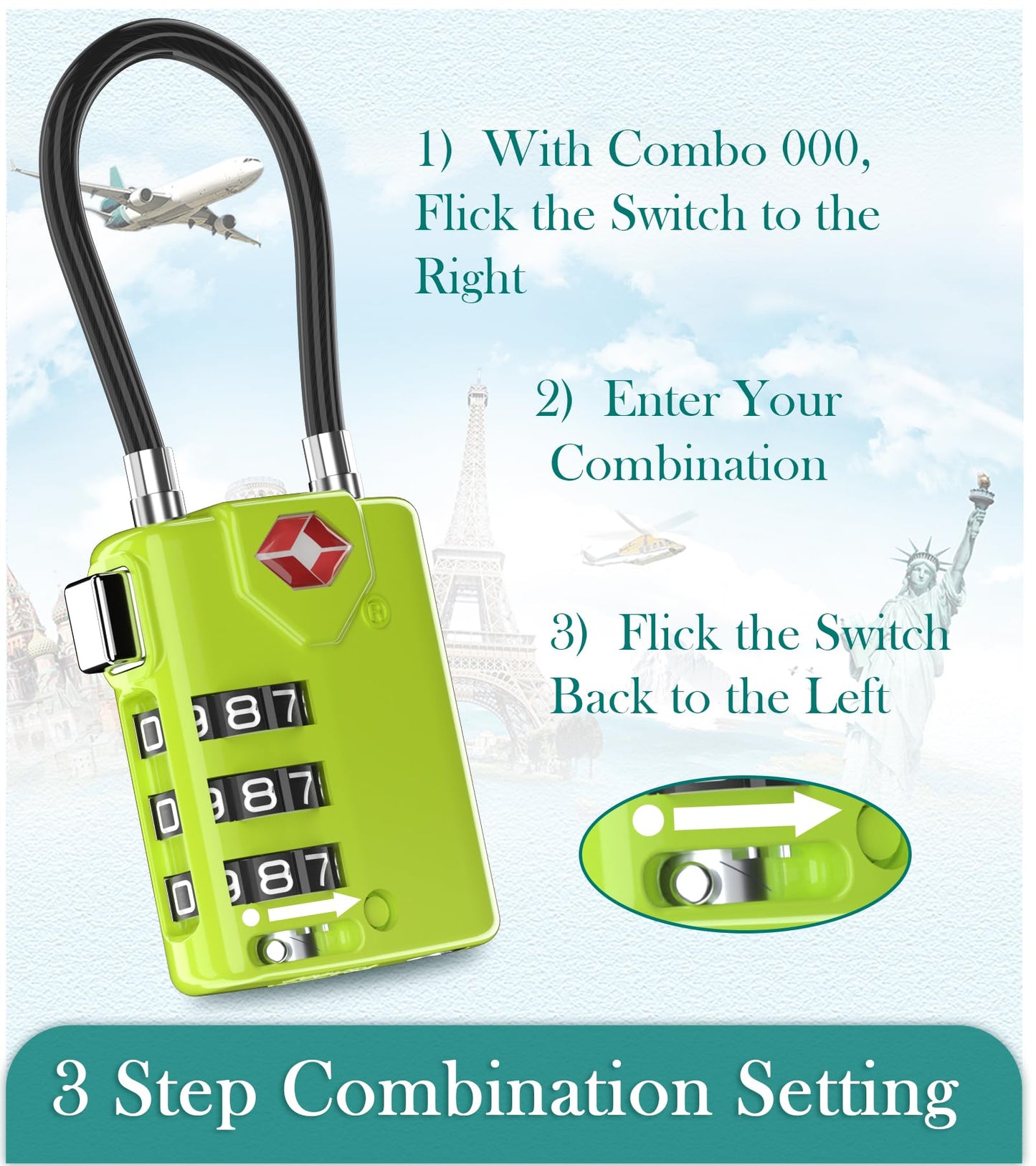 Search Alert TSA Approved Travel Combination Luggage Cable Locks for Suitcase, Gym Locker,Toolbox,Backpack 1,2,4,6 &10 pk (Lime 2 Pack)