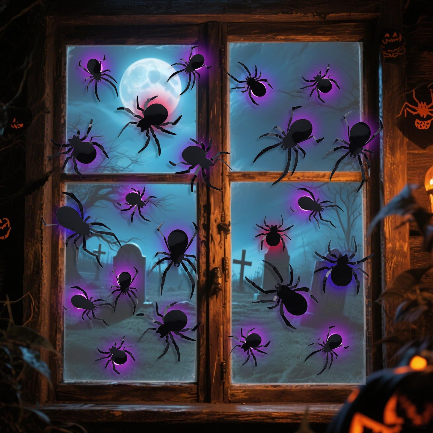 DR.DUDU 36 Pack Halloween Wall Decor Light up Spiders Window Decorations