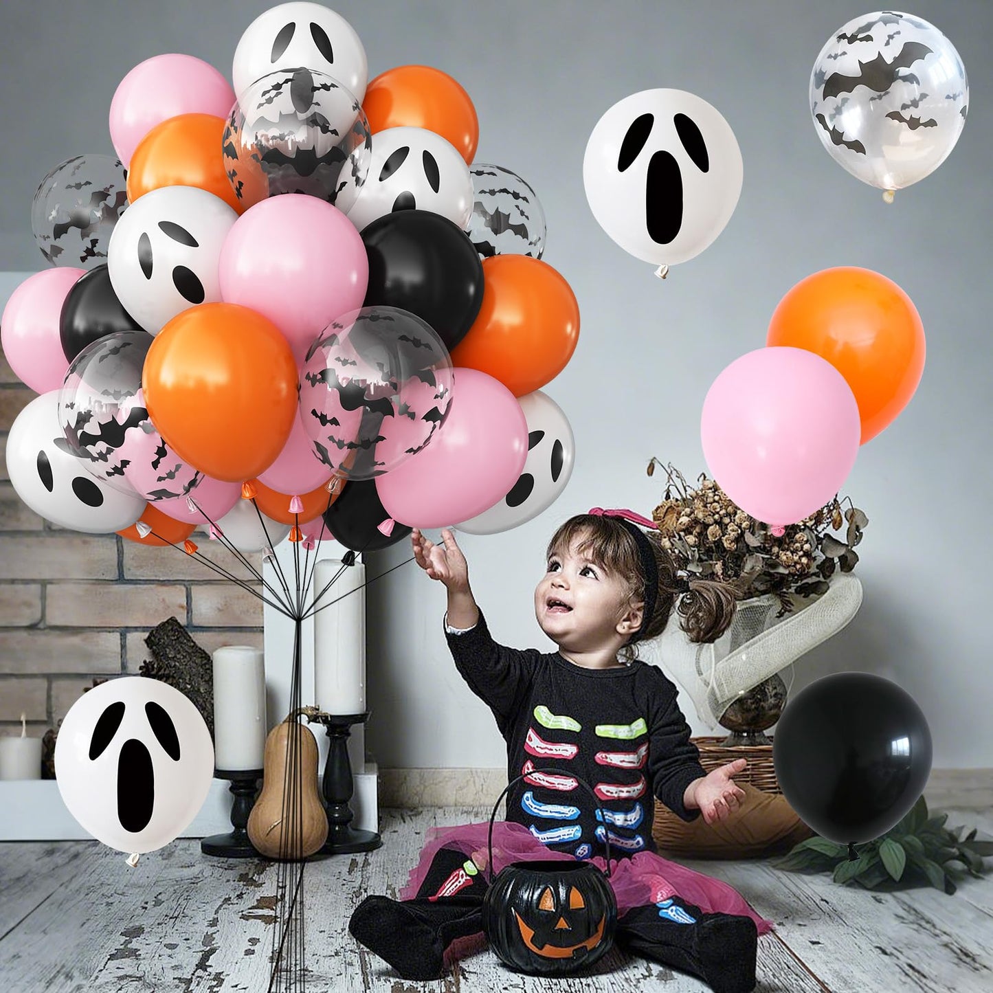 Froova Halloween Balloon Pink Black Orange Balloons with Bat Print Latex Balloons White Ghost Party Balloon for Girls Night Hey Boo Halloween Ghost Spooky One Scary Birthday Baby Shower Party Decor