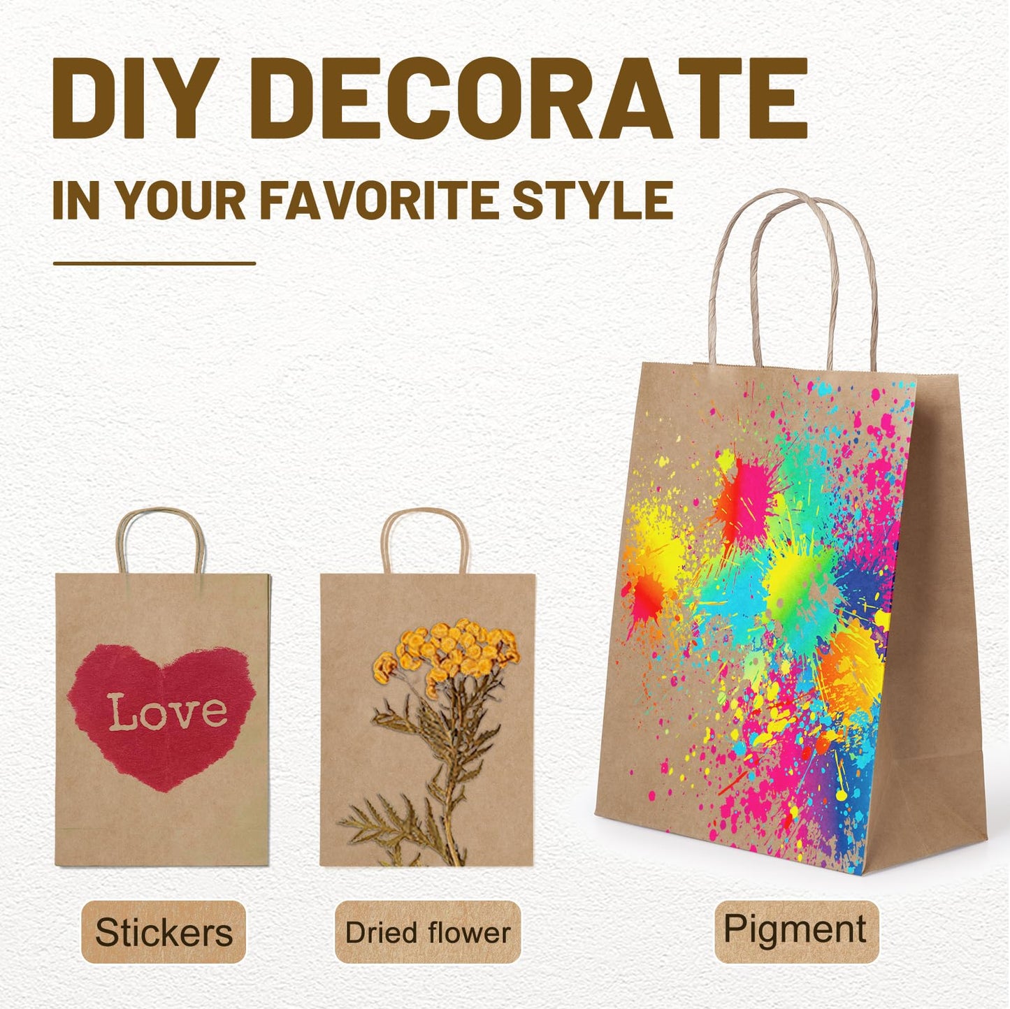 LIHOMR Gift Bags 8.25" X5.9 X3.15 100pcs Brown Kraft Paper Bag with Handles for Small Business Christmas Bulk, Wedding, Party Favor, Shopping, Lunch, Halloween Trick-or-Treat Bags