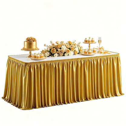 Wish Care 6ft Gold Satin Table Skirt for Rectangle Tables Wrinkle Free Glitter Desk Skirts Pleated Ruffle Table Cloth for Wedding Birthday Graduation Cocktail Party Buffet Display Table Decorations