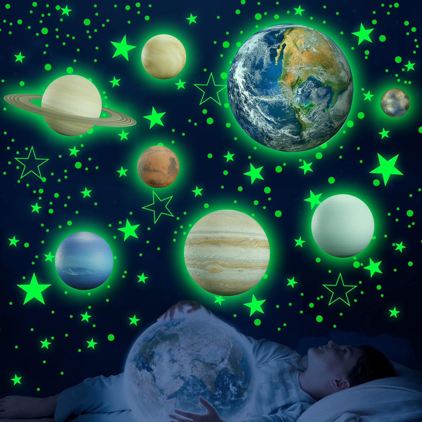 Glow in The Dark Stars Solar System Wall Decals, The Earth Wall Stickers for Bedroom, Baby Nursery Planets Sticker Decoration for Ceiling (Green)