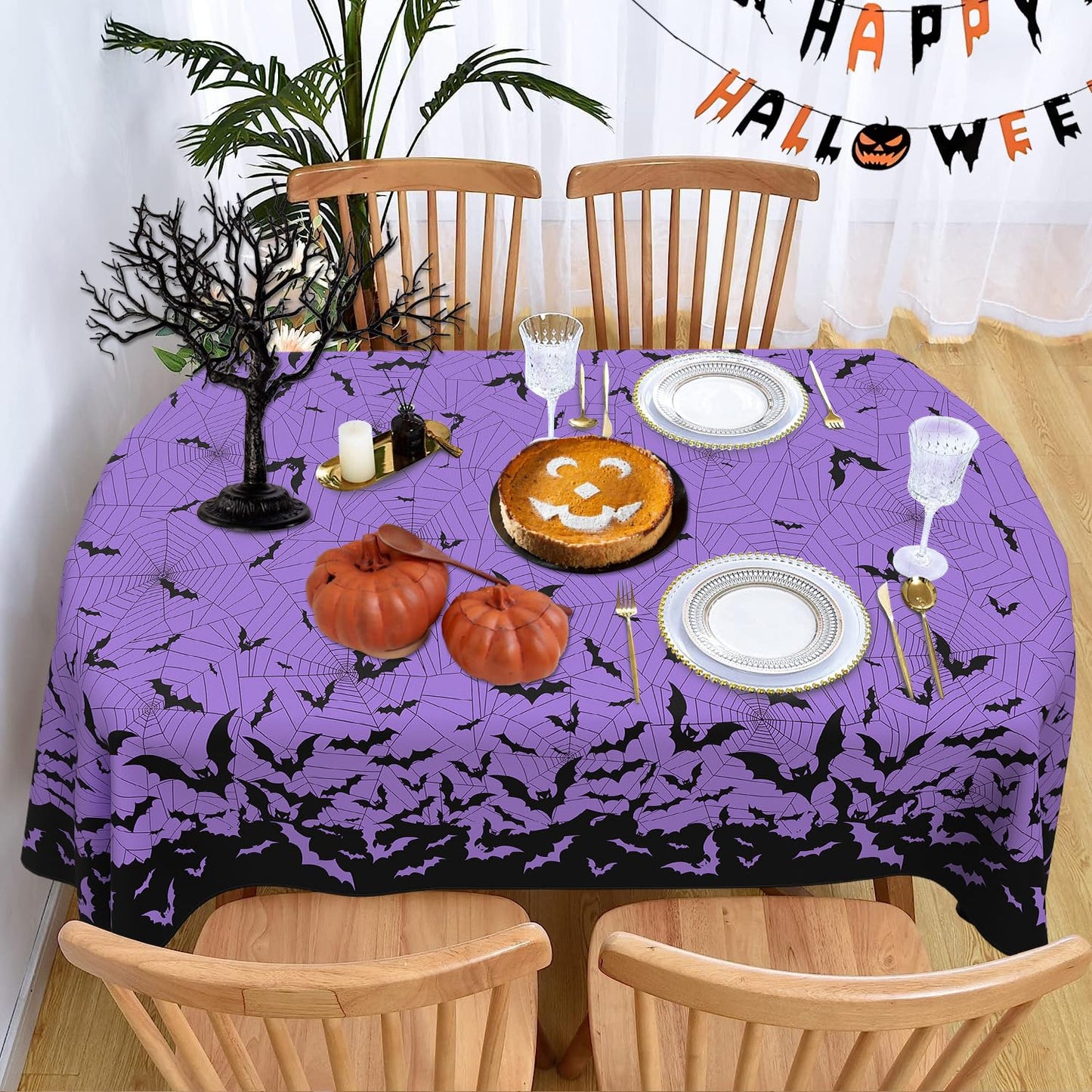 HSOWKDN Oval Halloween Tablecloth 60×84 Inch, Halloween Purple Tablecloths Oval Spider Web Bat Table Cloth Washable, Spooky Table Cover Decor for Party Picnic Dinner