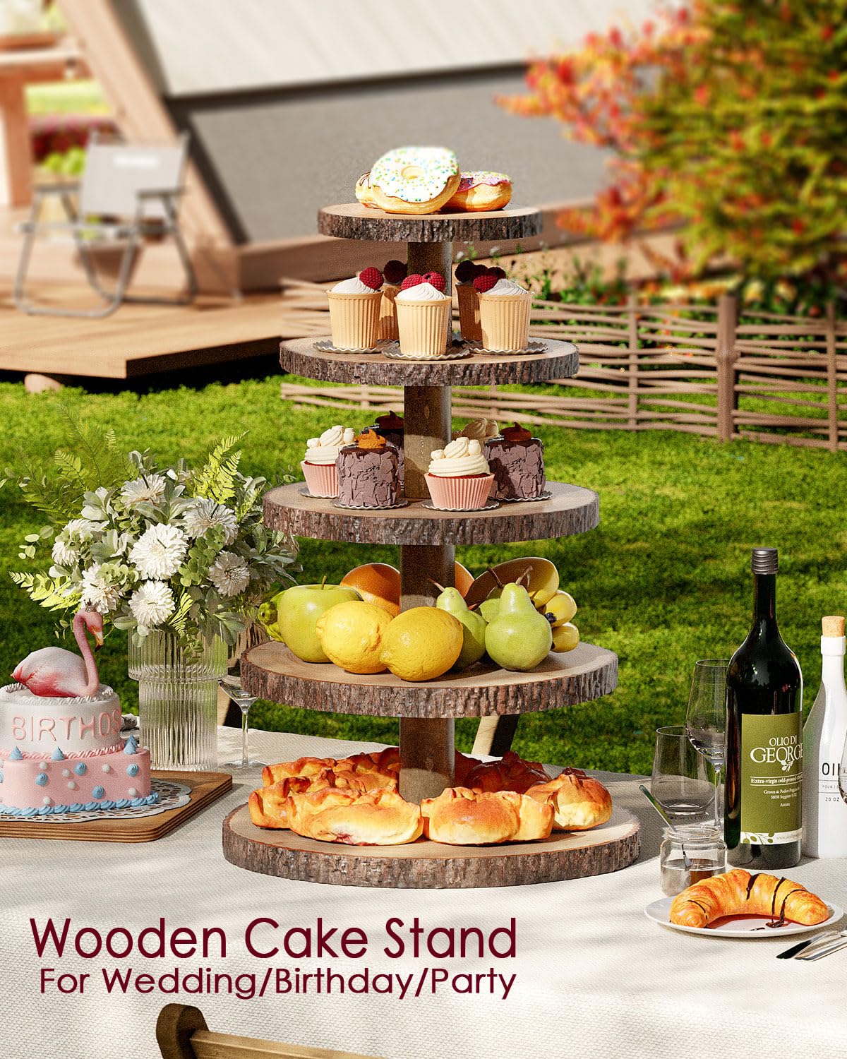 SANYOUNG Wood Cupcake Stand, 5 Tier Wooden Cupcake Tower, Large Rustic Cake Display Holder Stand for Woodland Baby Shower, Wedding, Birthday, Tea Party, Farmhouse Dessert Table Decorations