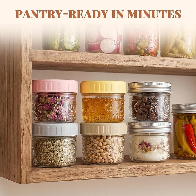 CycleMore 4 oz Glass Mason Jars, 40-Pack Bulk Small Canning Jars with Regular Mouth & Two Sets of Lids (40 Metal + 40 Plastic) – for Jam, Honey, Spices, Overnight Oats, Wedding Favors