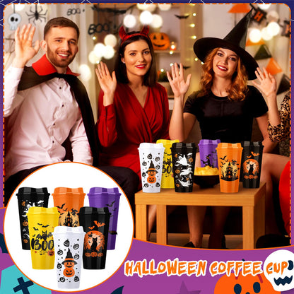 Pickmesh 12 Pack Halloween Reusable Coffee Cup Gift Bulk 16 oz Witch Bat Pumpkin Black Cat Horror Pattern Tumblers with Lid Plastic Cups Travel Coffee Mug Thank You Gifts for Hot and Cold Drinks
