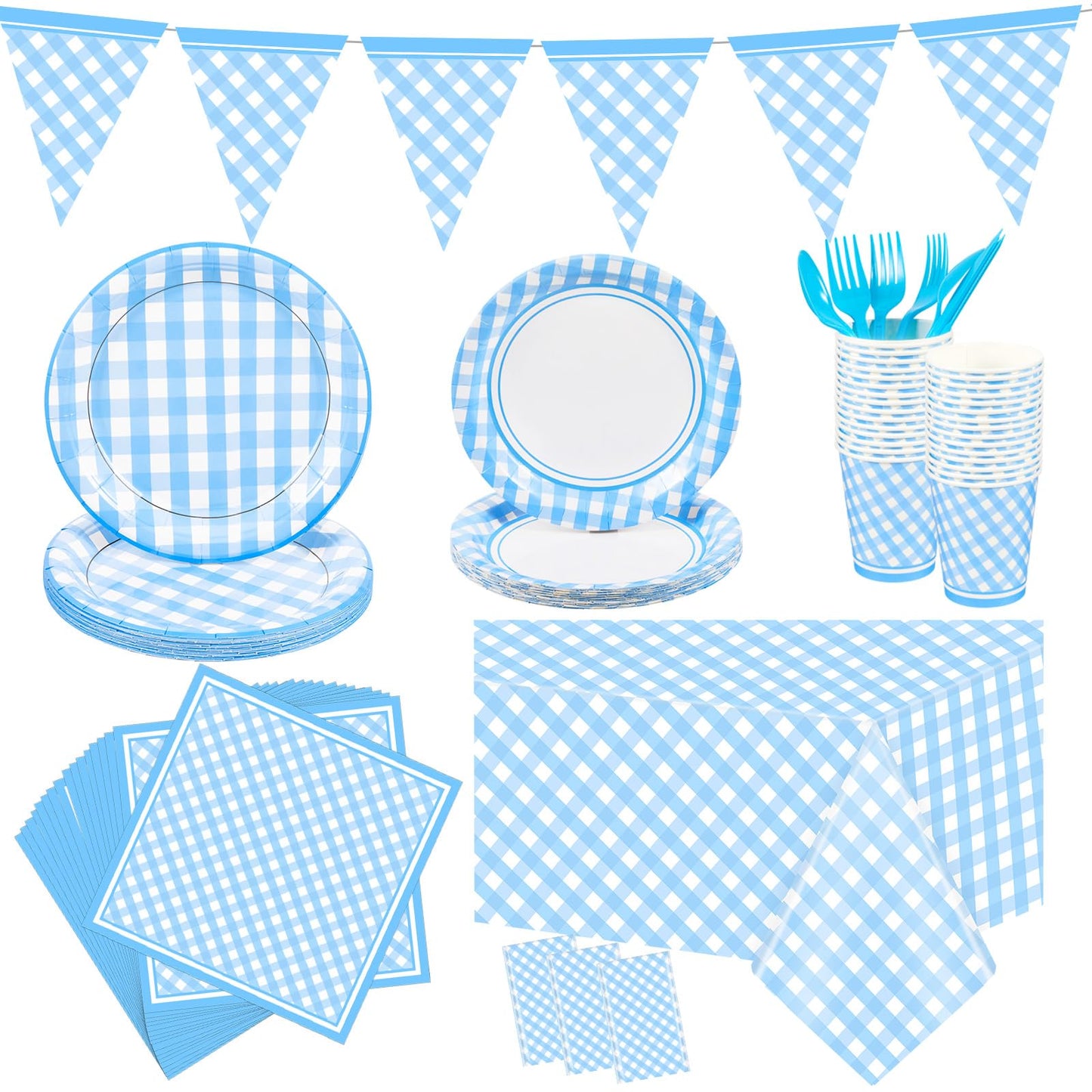 Preboun 198 Pcs Gingham Party Supplies for 24 Guests Checkered Plaid Tablecloth Pennant Banner Plate Cup Napkin and Cutlery for Picnic BBQ Birthday Baby Shower Party(Light Blue, White)