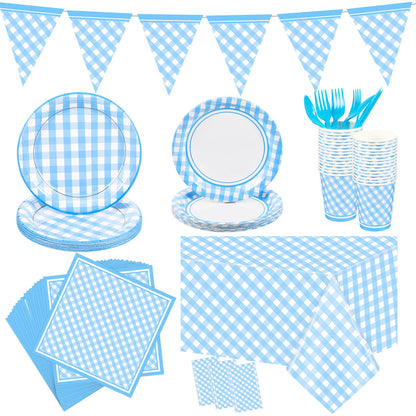 Preboun 198 Pcs Gingham Party Supplies for 24 Guests Checkered Plaid Tablecloth Pennant Banner Plate Cup Napkin and Cutlery for Picnic BBQ Birthday Baby Shower Party(Light Blue, White)