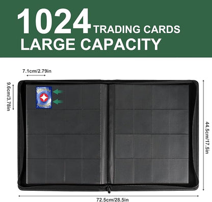 GEAoffice 16 Pocket Trading Card Binder for 1000+ Cards, Ringless Side-Loading 4x4 Card Binder with Zipper Closure, PU Leather 1024 Card Binder for MTG/TCG/Baseball/Sports&Game Cards, Green