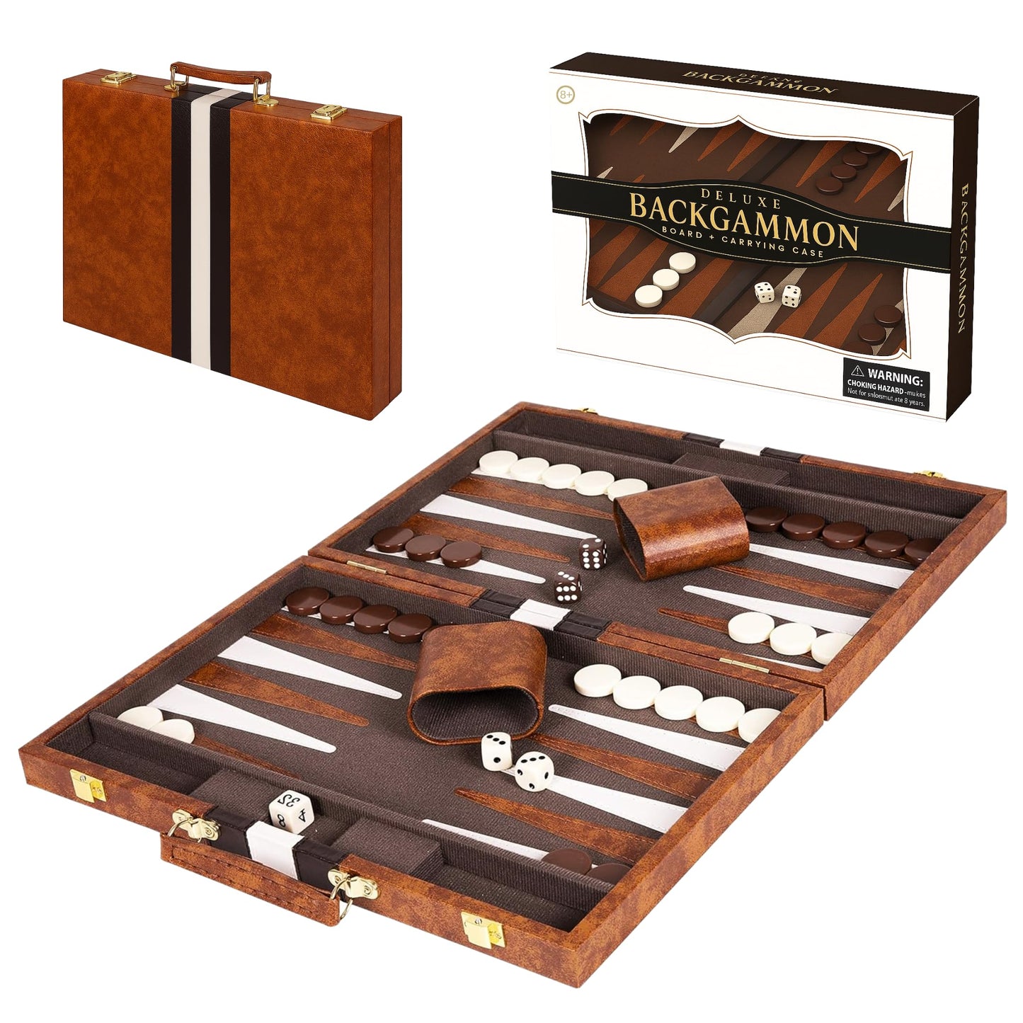 Premium Backgammon 18 Inches Large Brown - Backgammon Sets for Adults and Kids - Leatherette Back Gammon Board Game Set - Travel Backgammon Set Board Encased with Accessories