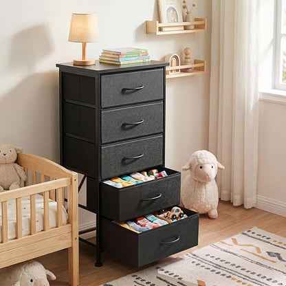 Fixwal Black Tall Skinny Dresser for Bedroom, Narrow Storage Dresser Organizer with 5 Fabric Drawers, Nightstand Furniture in Closet, Entryway, Hallway