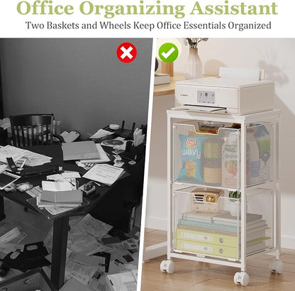 Rolling File Cart with 2 Storage Drawers,Under Desk Storage Cart,Hanging File Folder Organizer with Wheels, Filing Cabinet Mobile Printer Stand Utility Craft Cart for Home Office,White