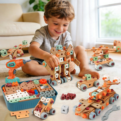 Design and Drill Toy - Toddler Tool Set with Drill & Toolbox, Create And Design Drill Kit Stem Toys for Kids Ages 3-6, Toddler Building Educational Construction Toy for 3-6 Year Old Girl (WOOD COLOR)