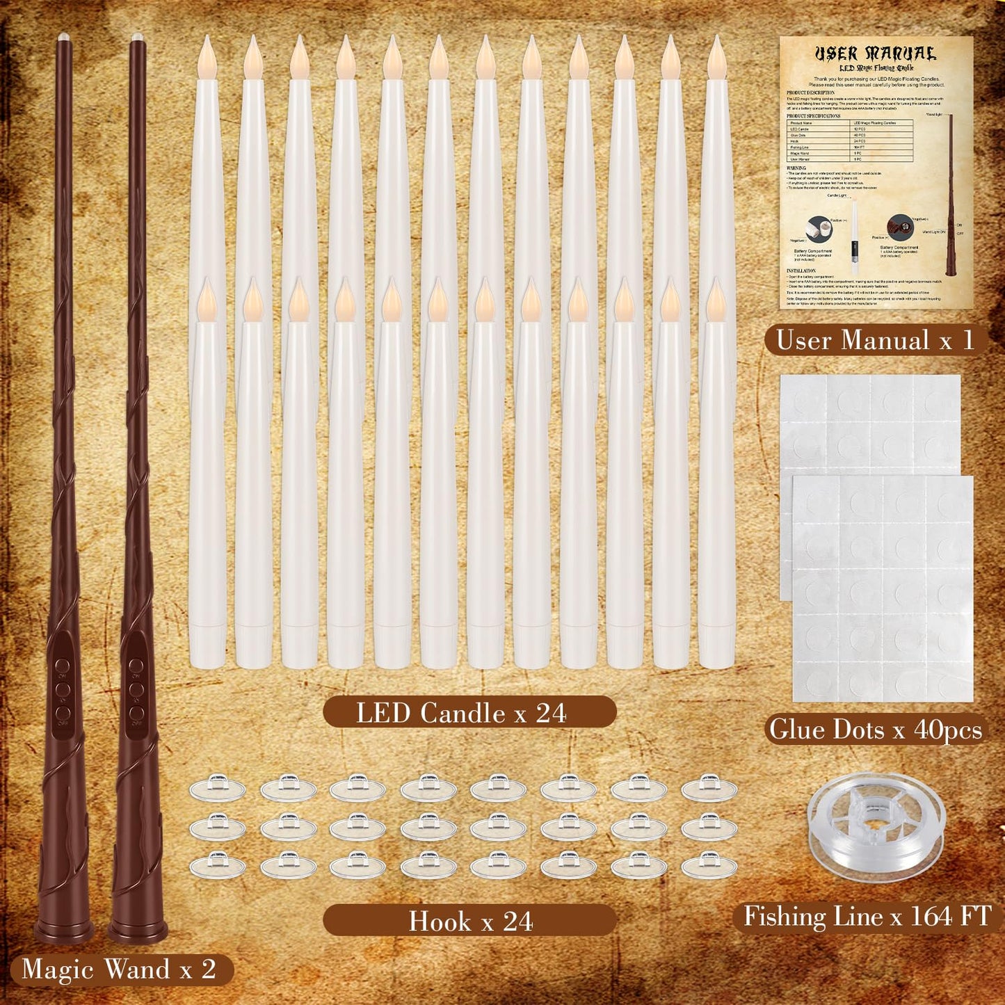 CAKETYCG 24 Pcs Halloween LED Magic Hanging Floating Candles, Taper Flickering Flameless with 2 Magic Wands - Candle Set for Halloween, Christmas, Weddings, Birthdays & Fantasy Ambiance...