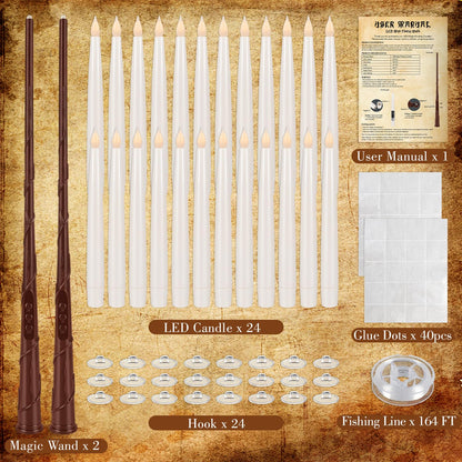 CAKETYCG 24 Pcs Halloween LED Magic Hanging Floating Candles, Taper Flickering Flameless with 2 Magic Wands - Candle Set for Halloween, Christmas, Weddings, Birthdays & Fantasy Ambiance...