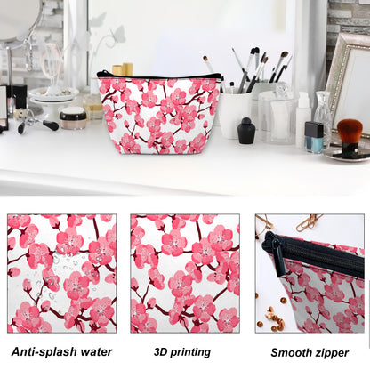 DEMACYA Cherry Blossom Makeup Bag for Purse, Waterproof Funny Japanese Pink Sakura Cosmetic Bag for Women, Zipper Travel Pouch Gift 9.5×5.9 Inch