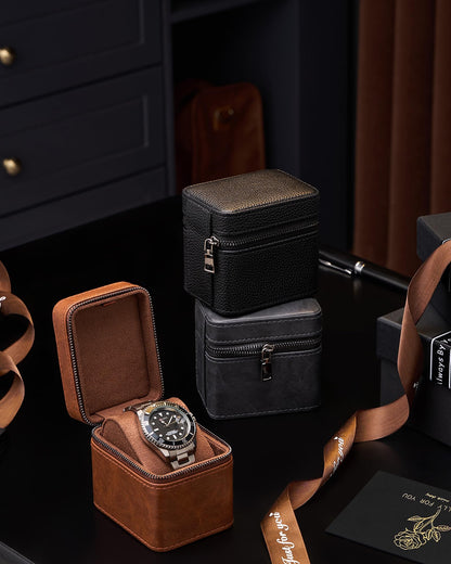 ProCase Single Watch Travel Case for Men, PU Leather Portable Watch Holder, Compact Small Carrying Storage Box for Luxury Watches & Smartwatches with Jewelry Compartment, Fathers Day Gift -Black