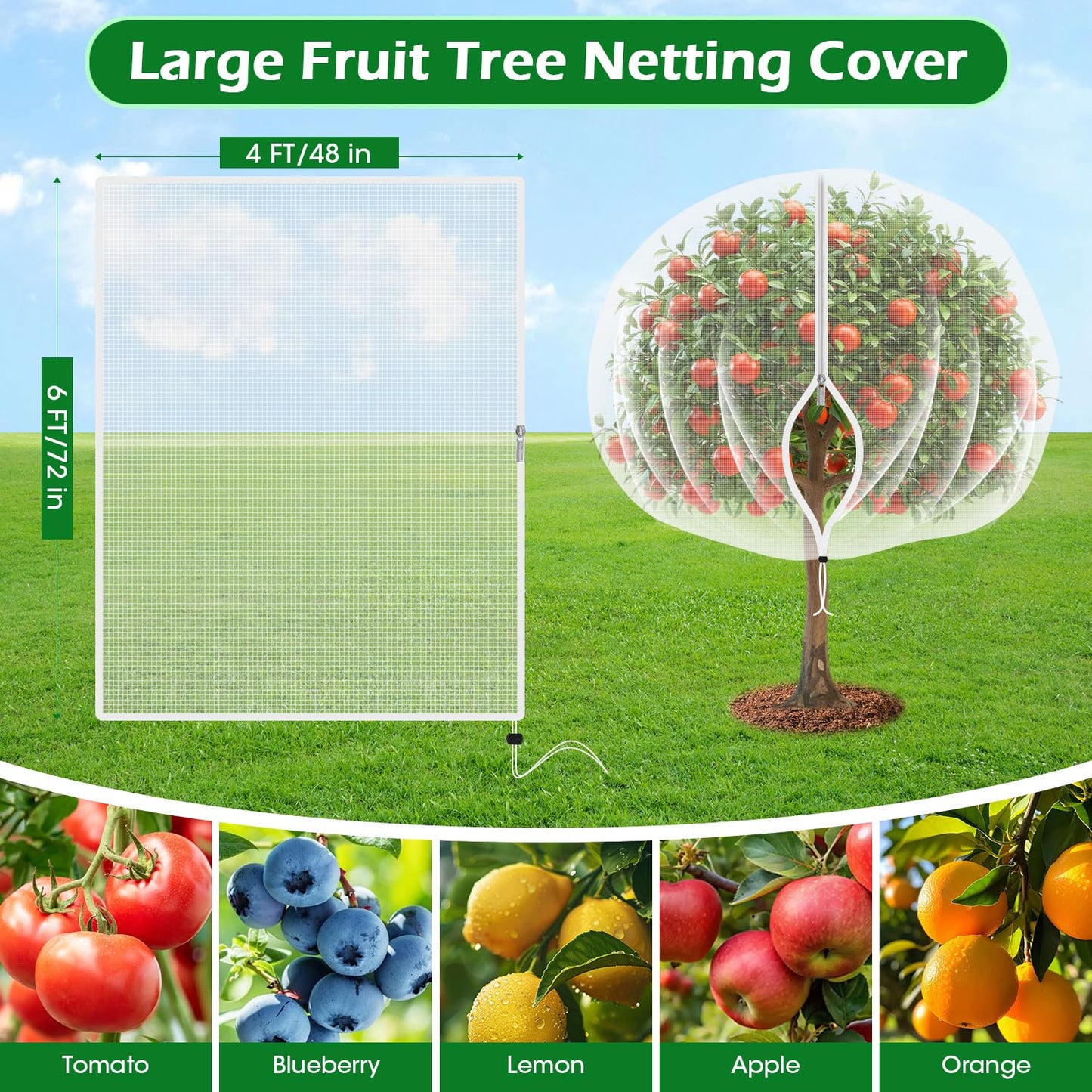 4'x6' Fruit Tree Netting Cover with Zipper and Drawstring, Ultra-Fine Mesh Garden Plant Insect Pest Net Barrier Protection Covers to Prevent Squirrel Bird Deer Cicadas Bag for Blueberry Tomato-1Pcs