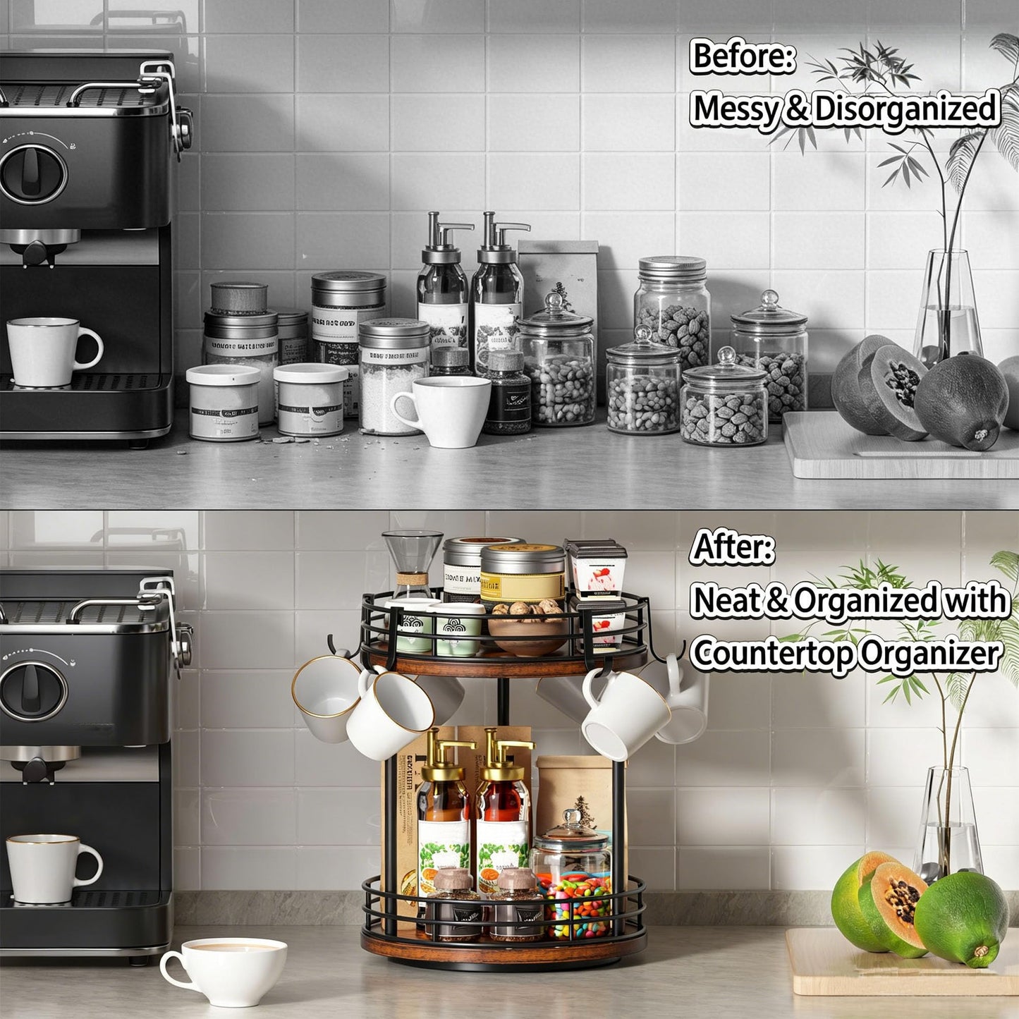 Yelinkws Rotating Coffee Mug Holder Rack Stand, 2 Tier Wooden Coffee Station Bar Organizer for Countertop, Spinning Kitchen Counter Organizer, Mug Shelf with 6 Hooks, Rustic Brown and Black