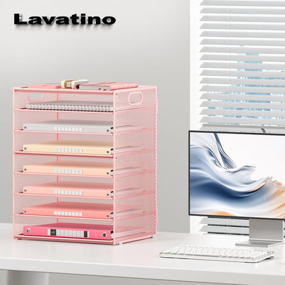 Lavatino 2 Pack 8-Tier Office Desk File Organizer, Letter Tray Paper Organizer with Handle, Including 5 Adjustable Slide Trays for Organizing Desk Workspace Accessories and Supplies (Pink Mesh)