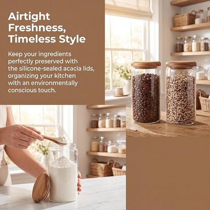 4-Pack 32 fl oz Wide Mouth Mason Jars with Spoon & Labels, Acacia Wood Lids, Press Seal, No Plastic, for Food, Snacks, Fruits, Coffee Beans, Spices & Dry Storage, Pantry Organizer.