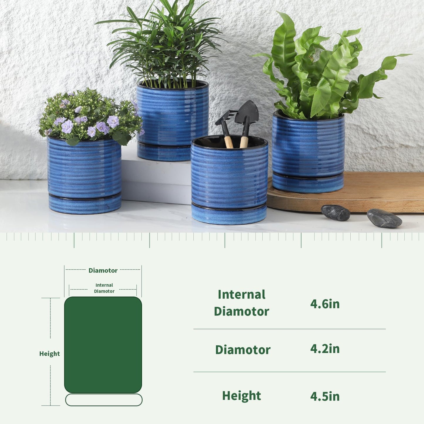HASENSE Ceramic Plant Pots with Saucers Set of 4, 4.6 Inch Planters for Indoor Plants with Drainage Holes,Blue Flower Pots for Snake Plants & Cactus, Modern Farmhouse Windowsill & Tabletop Decor
