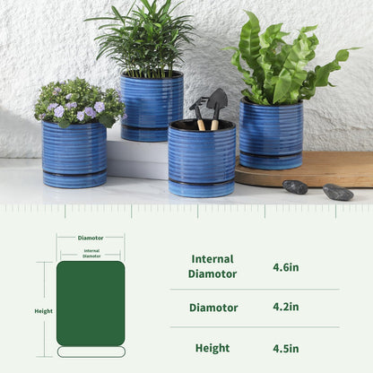 HASENSE Ceramic Plant Pots with Saucers Set of 4, 4.6 Inch Planters for Indoor Plants with Drainage Holes,Blue Flower Pots for Snake Plants & Cactus, Modern Farmhouse Windowsill & Tabletop Decor