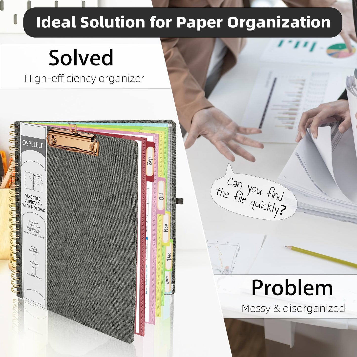 Ospelelf Foldable Spiral Clipboard Folio with Storage Zipper Pouch, 5 Plastic Folders with 10 Pockets,Refillable Lined Notepad (11" x 8.5"), Hardcover Project Organizer with 39 Stickers (Dark Grey)