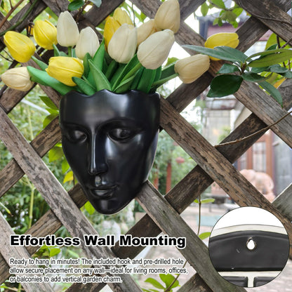 qumHmup Ceramic Face Wall Planter, Black Head Vase with Drainage Hole, Modern Art Indoor Outdoor Wall Mounted Succulent Planter, Elegant Home Garden Decor