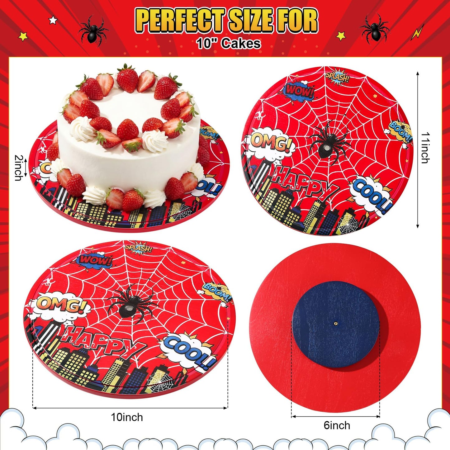 Yiyiring 11 Inch Spider Rotating Cake Stand, Spider Party Cupcake Dessert Display with Non-Slip Base Round Spinning Cake Holder Charcuterie Board Server Tray for Party Wedding Birthday