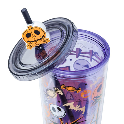 Silver Buffalo Disney Tim Burton's Nightmare Before Christmas Halloween Jack O-Lantern and Candy Featuring Jack Skellington Plastic Cold Cup with Lid and Straw Topper, 24 Ounces