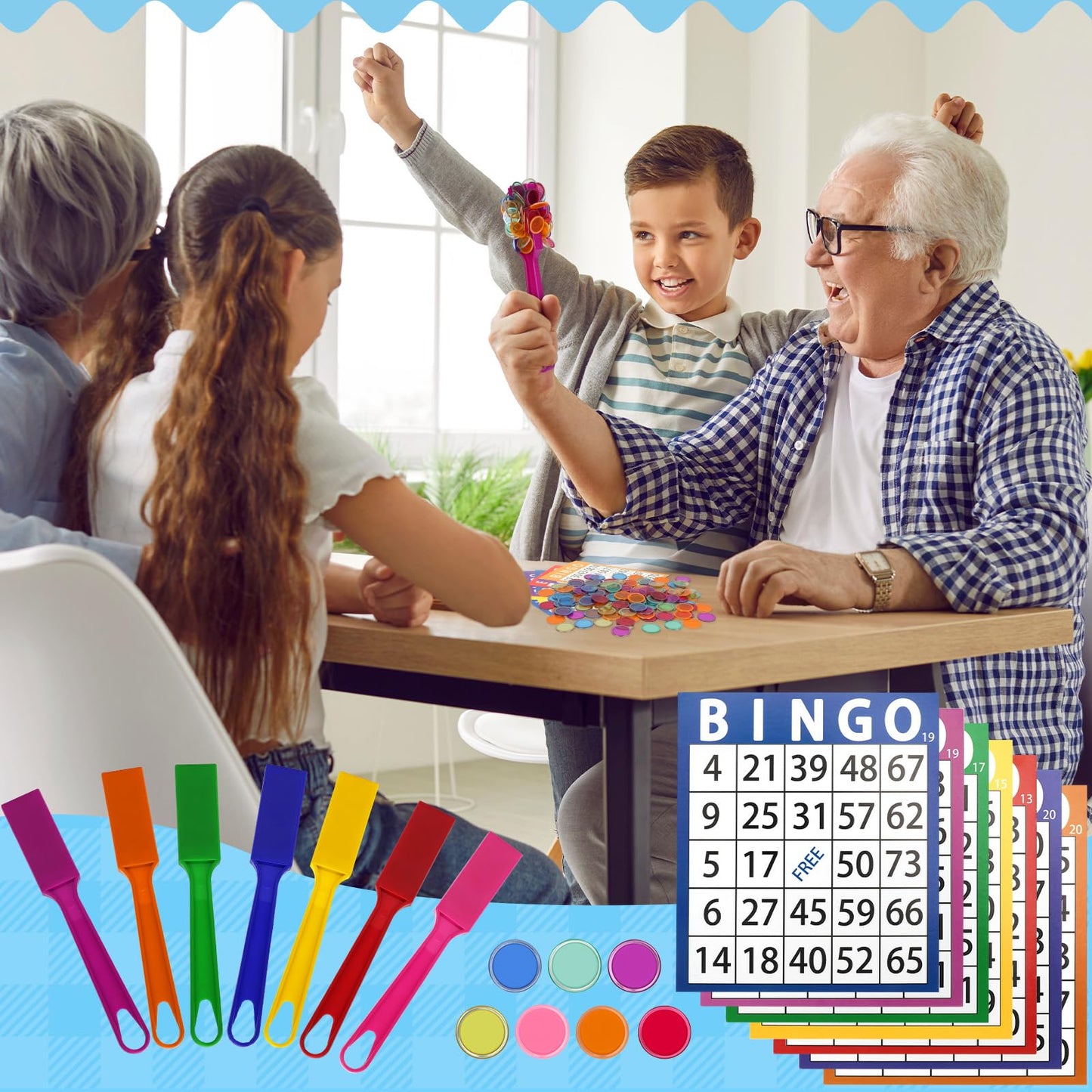 Coopay Magnetic Bingo Wand Chip and Game Card Set - 7 Pack Magnetic Wands, 350 Colorful Metal Chips, 70 Bingo Paper Cards for Kids Classroom Science Learning Counting Family Game Night Educational