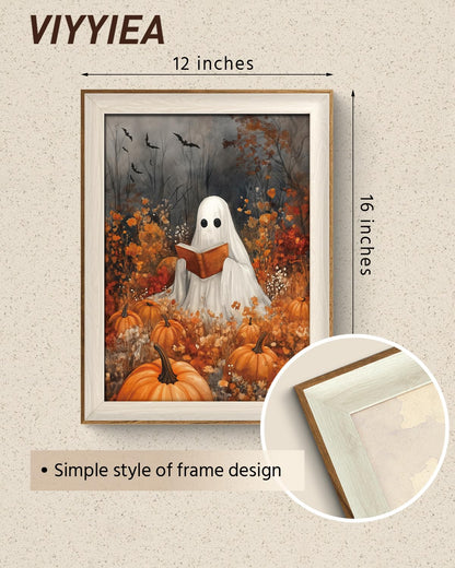 VIYYIEA Framed Wall Art for Living Room, Reading Ghost Canvas Prints, Autumn Home Decor, Halloween Painting Picture, Bathroom Wall Decor Gifts for Friends or Family -【Reading Ghost】-(16L x 12W)