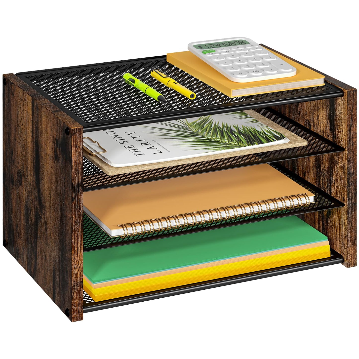 DAOUTIME 3-Tier Paper Letter Tray, Wooden Desk File Organizer, Stackable Metal Mesh Desk Organizer for Office Supplies. Small Paper Trays for Home Office School, Rustic Brown