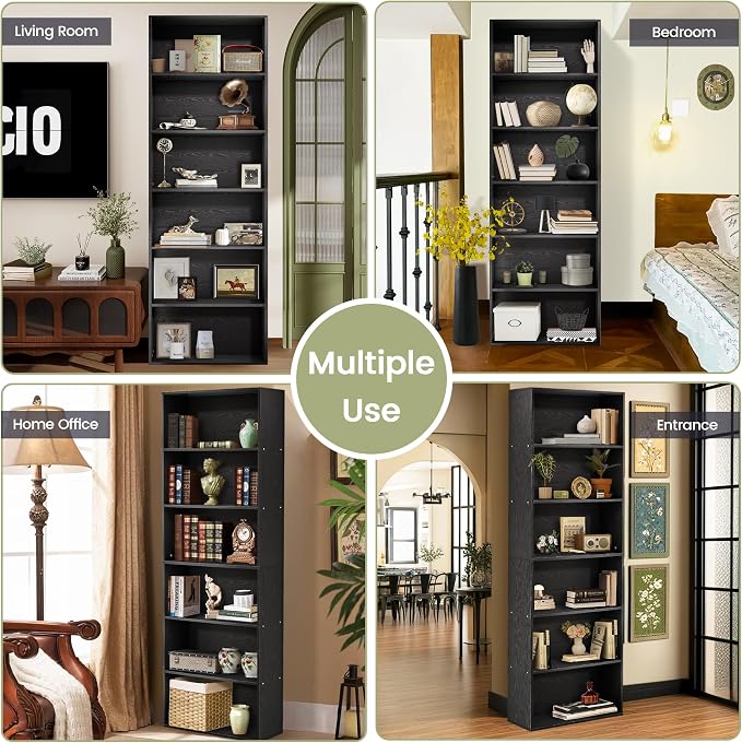 GRUSIGN 71" Tall 6-Tier Bookshelf, Large Open Display Bookcase with Ample Storage, Floor Standing Book Shelf for Living Room, Home Office, Bed Room, Black
