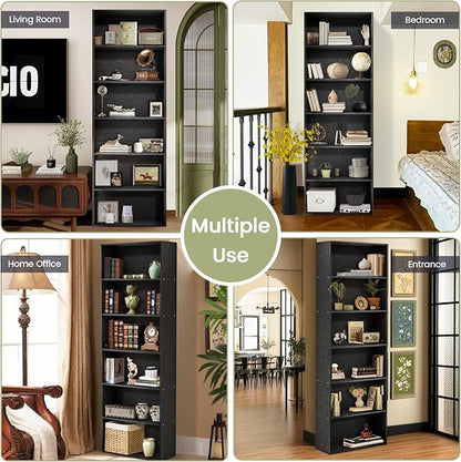GRUSIGN 71" Tall 6-Tier Bookshelf, Large Open Display Bookcase with Ample Storage, Floor Standing Book Shelf for Living Room, Home Office, Bed Room, Black