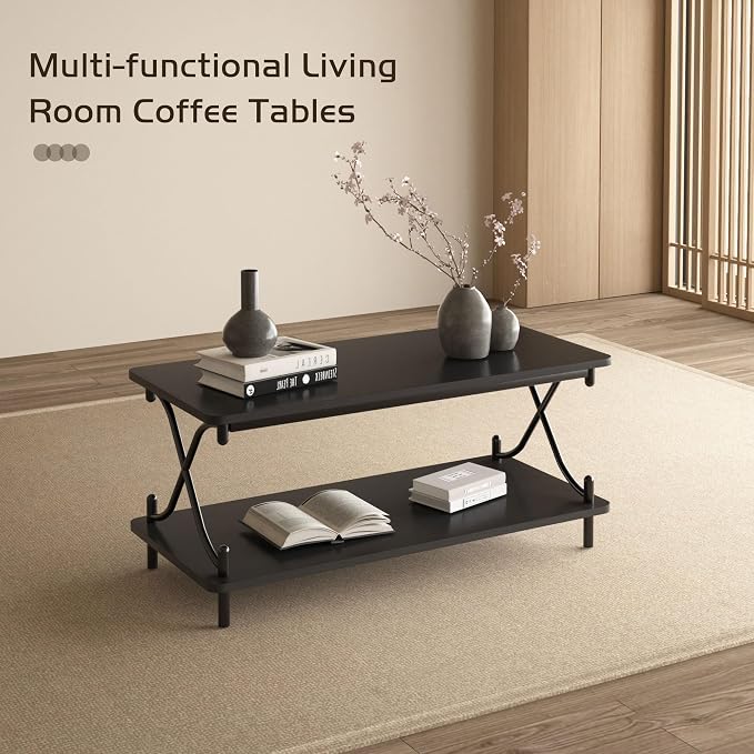 VECELO Coffee Table for Living Room with Round Corners Modern Farmhouse Center Table with Storage Shelf for Home Office 39 Inch, Easy Assembly, Matte Black
