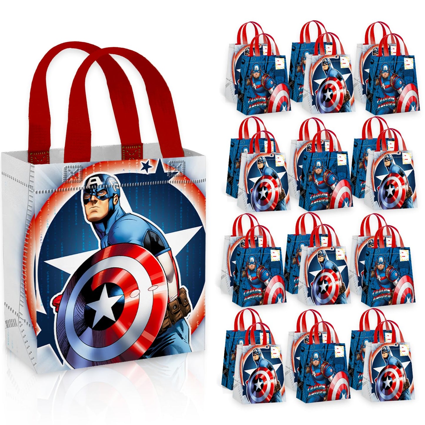 Captain America Party Favor Bags Set – 24 Pack 8" Marvel Goodie Bags for Kids Bulk Reusable Mini Totes | Avengers Captain America Birthday Party Supplies