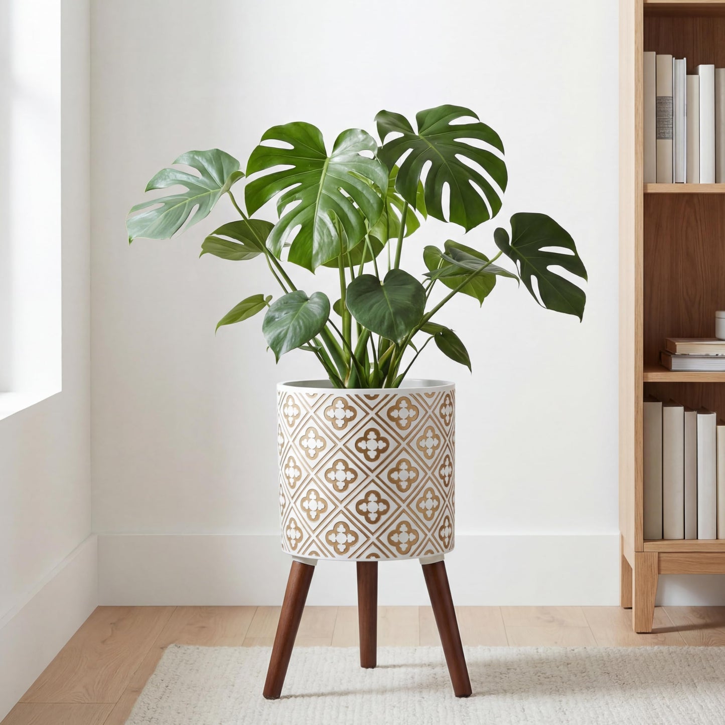 naclto 10 Inch Planter with Stand, Plant Pot for Indoor Plants, Large Modern Flower Pots Indoor Outdoor with Drainage for Home Garden Patio, White ＆ Gold