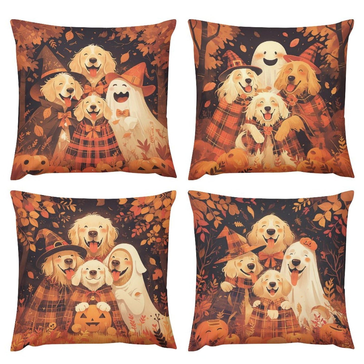 Joyidec Pack of 4 Fall Fall Leaves Dog Halloween Decorative Throw Pillow Covers 22 x 22, Soft Square Cushion Case Pillow Cases Set for Farmhouse Home Couch Sofa Decor, Christmas Pillows Decorations