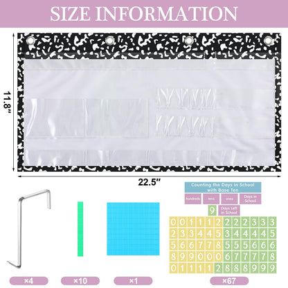 Resurhang Back to School Counting the Days with Base Ten Pocket Chart Place Value, Counting Caddie Pocket Chart for Classroom Bulletin Board School or Home Decor, 4 Hooks(Black,Composition Notebook)